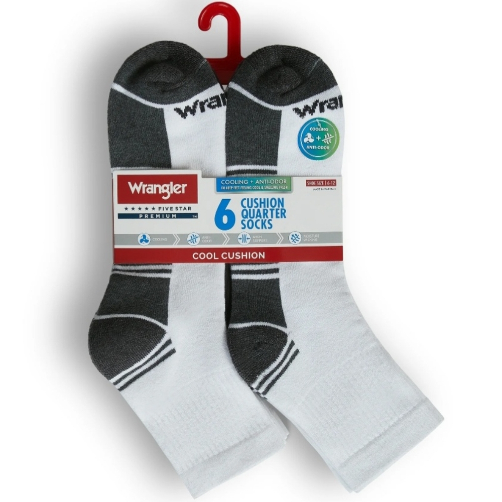 Wrangler Mens 5-Star Premium Cool Cushion Quarter Socks, 6 Pk - White, S: 6-12
